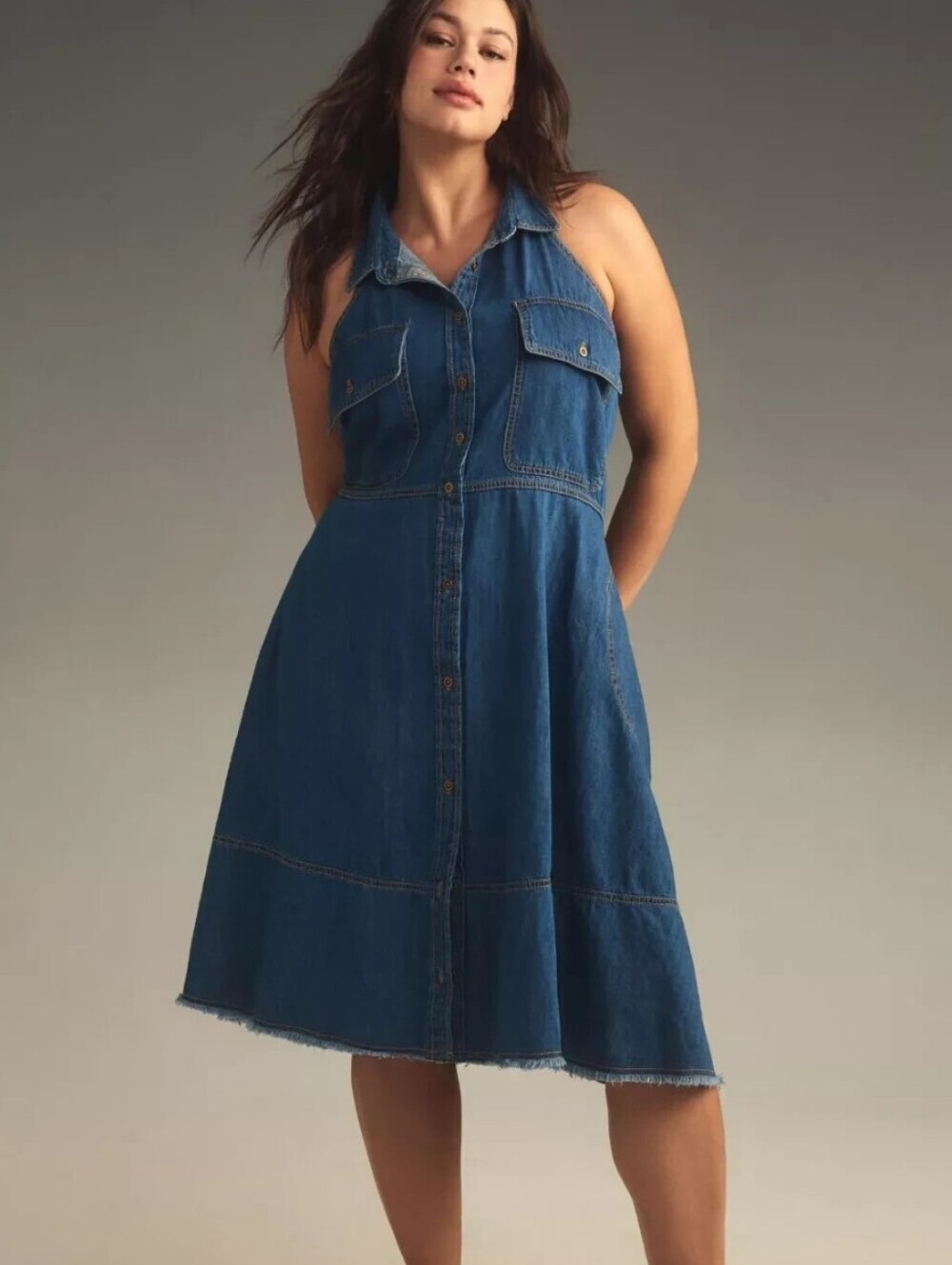 NWT Anthropologie Pilcro Denim Halter Swing Midi Dress Size 3X 100% Cotton